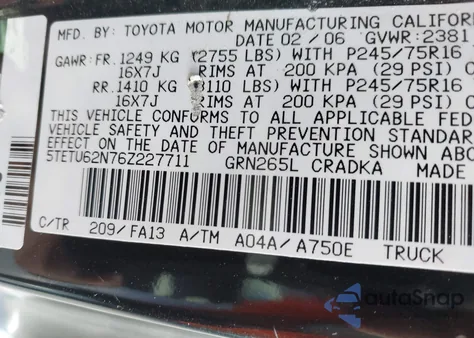 2006 Toyota Tacoma Prerunner V6 from USA, damaged, VIN 5TETU62N76Z227711